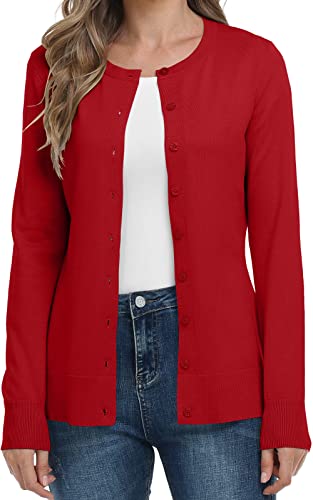 DEARCASE Damen Langarm Offene Front Gestrickte Cardigan Knopf Rundhalsausschnitt Pullover Leichte Einfarbige Pullover, Medium Red von DEARCASE