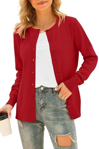 DEARCASE Damen Langarm Offene Front Gestrickte Strickjacken Knopf Rundhalsausschnitt Pullover Leichte Einfarbige Pullover, Small Red von DEARCASE