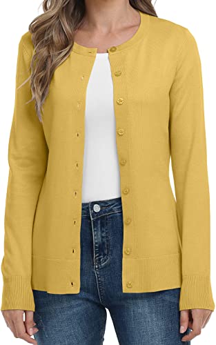 DEARCASE Damen Langarm Offene Front Gestrickte Cardigan Knopf Rundhalsausschnitt Pullover Leichte Einfarbige Pullover, Medium Yellow von DEARCASE