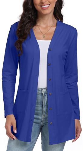 DEARCASE Frauen Offene Vorderseite Leichte Gestrickte Einfarbig Strickjacke mit Langen Ärmeln und Knopfleiste - lockerer Pullover mit Taschen, Large Royal Blue von DEARCASE