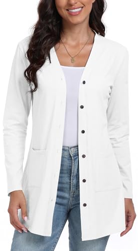 DEARCASE Frauen Offene Vorderseite Leichte Gestrickte Einfarbig Strickjacke mit Langen Ärmeln und Knopfleiste - lockerer Pullover mit Taschen, Small White von DEARCASE