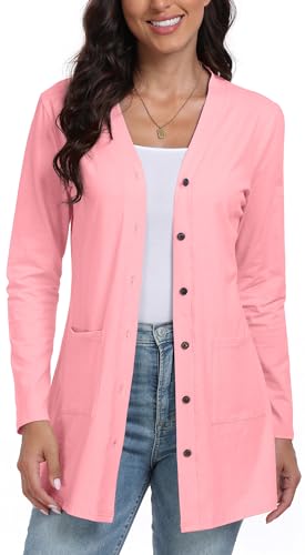 DEARCASE Frauen Offene Vorderseite Leichte Gestrickte Einfarbig Strickjacke mit Langen Ärmeln und Knopfleiste - lockerer Pullover mit Taschen, X-Large Light Pink von DEARCASE