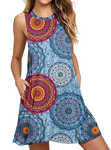 DEARCASE Freizeitkleid für Frauen im Sommer Ärmelloses T-Shirt-Kleid mit Rundhalsausschnitt Elegantes Mini Strandkleid mit Taschen, Blau Mischen L von DEARCASE