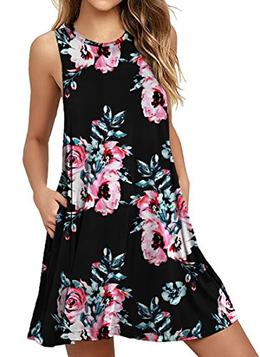 DEARCASE Freizeitkleid für Frauen im Sommer Ärmelloses T-Shirt-Kleid mit Rundhalsausschnitt Elegantes Mini Strandkleid mit Taschen, Blumendruck Schwarz L von DEARCASE