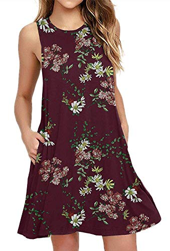 DEARCASE Freizeitkleid für Frauen im Sommer Ärmelloses T-Shirt-Kleid mit Rundhalsausschnitt Elegantes Mini Strandkleid mit Taschen, Floral Weinrot 2XL von DEARCASE