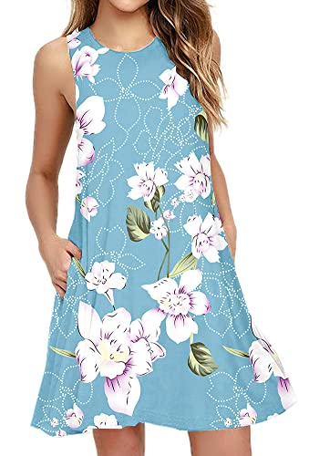 DEARCASE Freizeitkleid für Frauen im Sommer Ärmelloses T-Shirt-Kleid mit Rundhalsausschnitt Elegantes Mini Strandkleid mit Taschen, Florales Hellblau L von DEARCASE