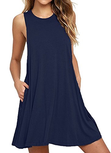 DEARCASE Freizeitkleid für Frauen im Sommer Ärmelloses T-Shirt-Kleid mit Rundhalsausschnitt Elegantes Mini Strandkleid mit Taschen, Marineblau M von DEARCASE