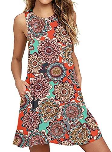 DEARCASE Freizeitkleid für Frauen im Sommer Ärmelloses T-Shirt-Kleid mit Rundhalsausschnitt Elegantes Mini Strandkleid mit Taschen, Orangene Blume XS von DEARCASE