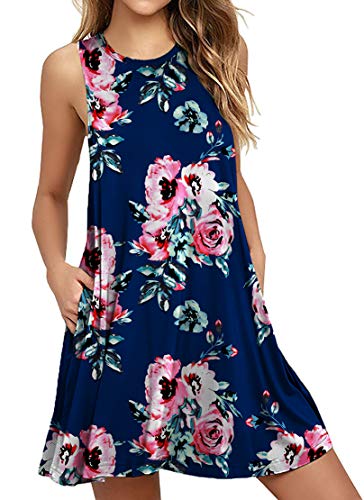 DEARCASE Freizeitkleid für Frauen im Sommer Ärmelloses T-Shirt-Kleid mit Rundhalsausschnitt Elegantes Mini Strandkleid mit Taschen, Rosa Marineblau L von DEARCASE