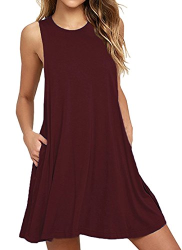 DEARCASE Freizeitkleid für Frauen im Sommer Ärmelloses T-Shirt-Kleid mit Rundhalsausschnitt Elegantes Mini Strandkleid mit Taschen, Weinrot 2XL von DEARCASE