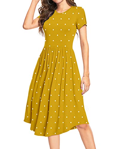 DEARCASE Kurzärmeliges Tunikakleid Damen Polka Dot Muster Rundhalsausschnitt Midikleid für Sommer Casual Flared Style mit Taschen 3XL, Polka Dot Gelb von DEARCASE