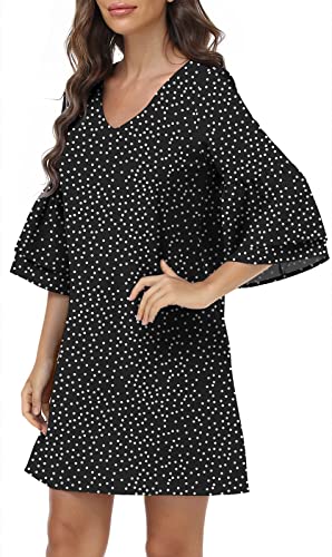 DEARCASE Damen Sommerkleid Leichtes Chiffon Kleid Süß mit V-Ausschnitt Kurzarm Glockenärmel Shift Mini Kleid, X-Large Dot Black von DEARCASE