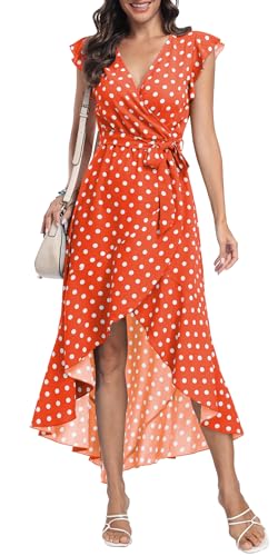 DEARCASE Sommerkleid Freizeitkleid Strandkleid Kurzarm Cocktail Floral Midi Polka Dot Kleider V-Ausschnitt Boho Maxikleid Flowy langes Kleid für Damen,2X-Large Dot Orange von DEARCASE