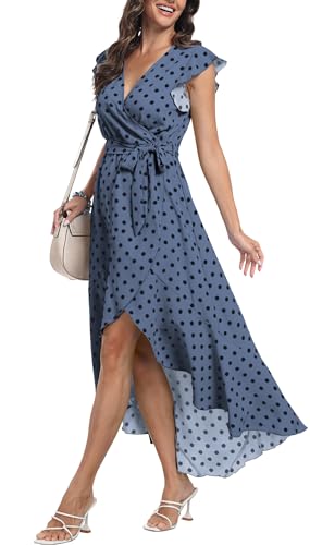 DEARCASE Sommerkleid Freizeitkleid Strandkleid Kurzarm Cocktail Floral Midi Polka Dot Kleider V-Ausschnitt Boho Maxikleid Flowy langes Kleid für Damen,Large Dot Denim Blue von DEARCASE