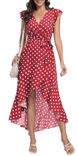 DEARCASE Sommerkleid Freizeitkleid Strandkleid Kurzarm Cocktail Floral Midi Polka Dot Kleider V-Ausschnitt Boho Maxikleid Flowy langes Kleid für Damen,Large Dot Wine Red von DEARCASE