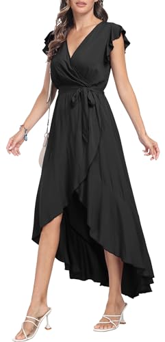 DEARCASE Sommerkleid Freizeitkleid Strandkleid Kurzarm Cocktail Floral Midi Polka Dot Kleider V-Ausschnitt Boho Maxikleid Flowy langes Kleid für Damen,Small Black von DEARCASE