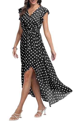 DEARCASE Sommerkleid Freizeitkleid Strandkleid Kurzarm Cocktail Floral Midi Polka Dot Kleider V-Ausschnitt Boho Maxikleid Flowy langes Kleid für Damen,Small Dot Black von DEARCASE