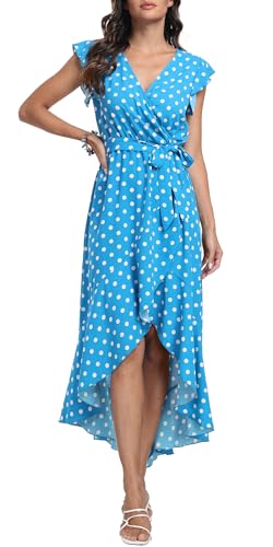 DEARCASE Sommerkleid Freizeitkleid Strandkleid Kurzarm Cocktail Floral Midi Polka Dot Kleider V-Ausschnitt Boho Maxikleid Flowy langes Kleid für Damen,X-Large Dot Light Blue von DEARCASE
