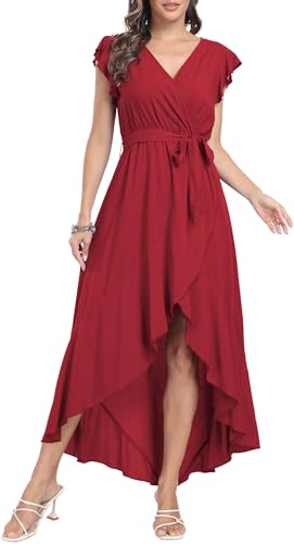 DEARCASE Sommerkleid Freizeitkleid Strandkleid Kurzarm Cocktail Floral Midi Polka Dot Kleider V-Ausschnitt Boho Maxikleid Flowy langes Kleid für Damen,X-Large Wine Red von DEARCASE