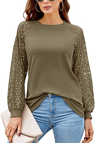 DEARCASE T-Shirt Damen Langarm Bluse Spitze Ärmel Rundhals Ausschnitt Solide Tops Elegant Tshirts (Armeegrün,2XL) von DEARCASE