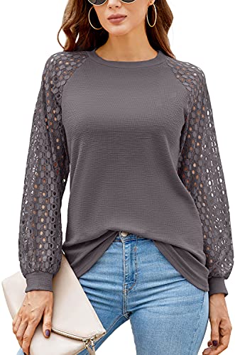DEARCASE T-Shirt Damen Langarm Bluse Spitze Ärmel Rundhals Ausschnitt Solide Tops Elegant Tshirts (Dunkelgrau,S) von DEARCASE