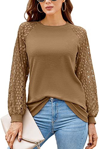 DEARCASE T-Shirt Damen Langarm Bluse Spitze Ärmel Rundhals Ausschnitt Solide Tops Elegant Tshirts (Gelb,S) von DEARCASE