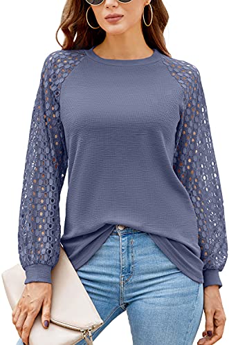 DEARCASE T-Shirt Damen Langarm Bluse Spitze Ärmel Rundhals Ausschnitt Solide Tops Elegant Tshirts (Hellblau,S) von DEARCASE