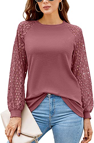 DEARCASE T-Shirt Damen Langarm Bluse Spitze Ärmel Rundhals Ausschnitt Solide Tops Elegant Tshirts (Rosa,M) von DEARCASE