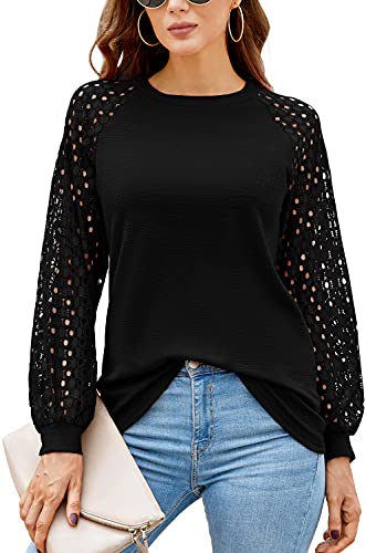 DEARCASE T-Shirt Damen Langarm Bluse Spitze Ärmel Rundhals Ausschnitt Solide Tops Elegant Tshirts (Schwarz,S) von DEARCASE
