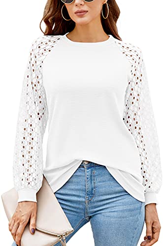 DEARCASE T-Shirt Damen Langarm Bluse Spitze Ärmel Rundhals Ausschnitt Solide Tops Elegant Tshirts (Weiß,L) von DEARCASE