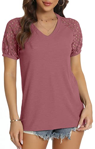 DEARCASE T-Shirt Damen V-Ausschnitt Spitze Ärmel Bluse Solide Tunika Kurzarm Tops Elegant Sommer Tshirts, Rosa XXL von DEARCASE