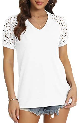 DEARCASE T-Shirt Damen V-Ausschnitt Spitze Ärmel Bluse Solide Tunika Kurzarm Tops Elegant Sommer Tshirts, Weiß M von DEARCASE