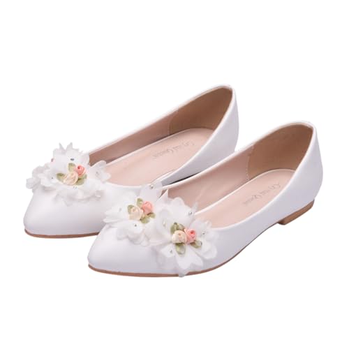 DEARMAMY 1 Paar Flache Schuhe schnüren Spitzen-Hochzeits-Flats Freizeitschuhe mit flachem Mund Hochzeitsschuhe Frauen Damenschuhe Women Shoes Spitze Schuhe Hochzeit Blumenschuhe Pu Weiß von DEARMAMY