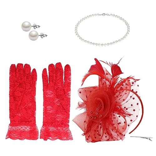 DEARMAMY 1 Satz Cocktailparty-Hut Vintage-Hut Blumenhut Perlenkette Frauen-Fascinator-Hut hochzeitsschleier bridal veil earloop Tea-Party-Kopfbedeckung Fascinator-Hüte für Frauen spitze rot von DEARMAMY