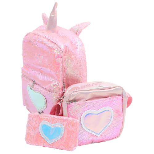 DEARMAMY Schultüte Einhorn Rucksack Schülertasche Set Kreative Taschen Für Mädchen Schule Mit Herzform Pailletten Terylen Material Und Verstellbaren Schultergurten von DEARMAMY