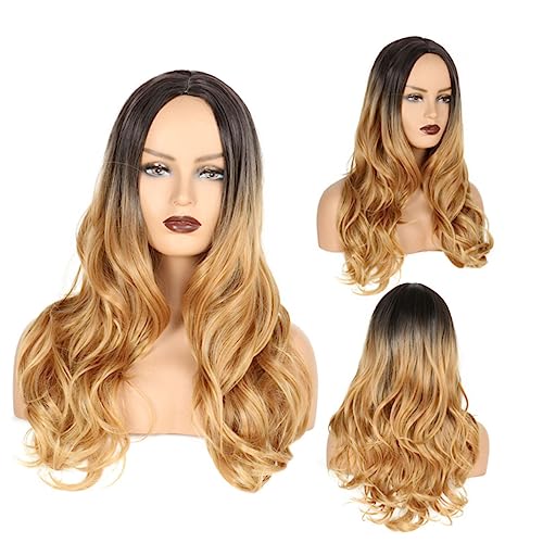 DEARMAMY 1 Stück Stylische Perücke mit Mittigem Scheitel Realistisches Lockiges Haar Haarschonendes Material Atmungsaktives Design für Damen und Schwarz mit Goldfarbenem von DEARMAMY