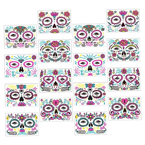 DEARMAMY 16 Blatt Halloween Gesichtstätowierungen Fluoreszierende Sticker für Erwachsene Einfach zu Entfernen Dekoration für Gruselige Kostüme und Feiern von DEARMAMY