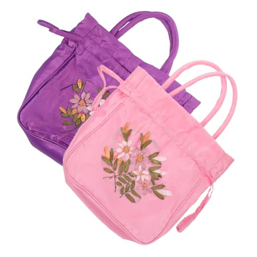 DEARMAMY 2 Stück Bestickte Damen-handtasche mit Zugband Leichte Kleine Handtasche Ethnischer Stil Auffälliges Blumenmuster Funktionale Umhängetasche für Alltag Reisen und Festlichkeiten von DEARMAMY