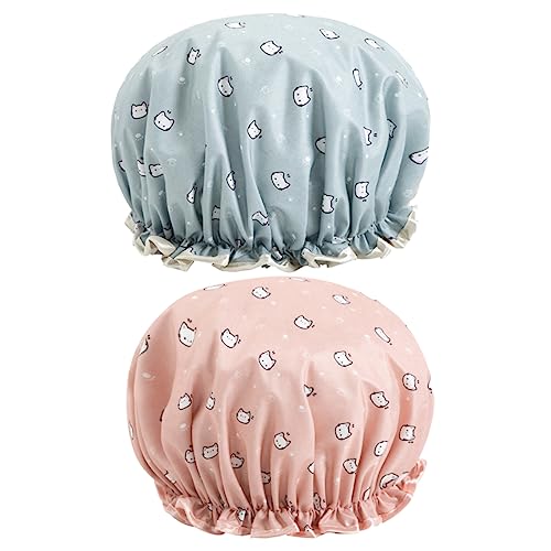 DEARMAMY 2 Stück Duschhaube für Damen Wasserdichte Badekappen aus Eva mit Süßem Katzenmuster Blau für Spa und Make von DEARMAMY