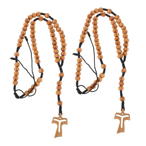 DEARMAMY 2 Stück Handgefertigte Holzkreuz Halskette mit Perlen Glaube Schmuck Autoanhänger Religiöse Kette für Kommunion und Konfirmation Frauen und Männer von DEARMAMY