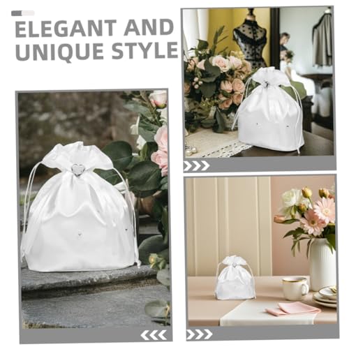 DEARMAMY 2 Stück Teiliges Brauttasche Weiß Satin mit Herz Strassbesatz Leichtes Geldbeutel für Hochzeitstag Elegant und Komfortabel für Braut Zugband und Schleifen Design für Westliche von DEARMAMY