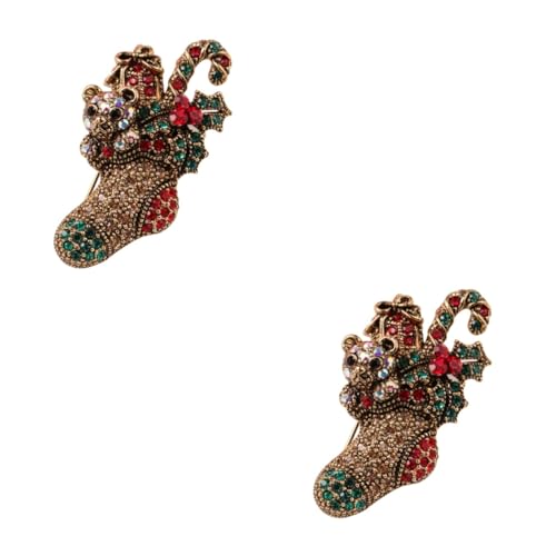 DEARMAMY 2 Stück Vintage Weihnachtsbrosche Goldfarben mit Strass Retro Weihnachtsstrumpf Anstecknadel Glänzende Weihnachtsbadge für Festliche Outfits für Weihnachten und Partys von DEARMAMY
