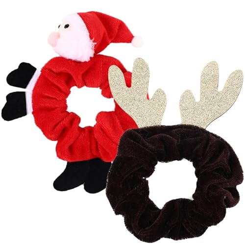 DEARMAMY 2 Stück Weihnachts Haargummis Elastische Haarschmuck mit Rentier Weihnachtsmann Stylische Scrunchies für Festliche Outfits für Mädchen und Langlebiges Stoffmaterial für Täglichen von DEARMAMY
