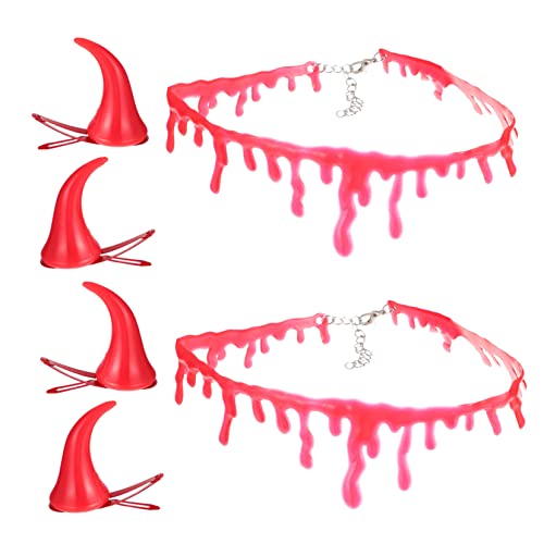 DEARMAMY 2Sätze Gruselige Rothorn Haarspangen und Blutige Halskette Teiliges Zubehör für Halloween Kostüme Modisches Teufel Design für Damen und Mädchen von DEARMAMY