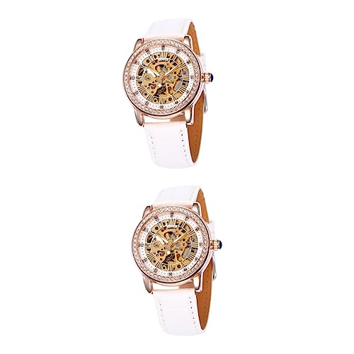 DEARMAMY 2stücke Damen Automatik-Uhr Mit Pu-Armband Und Kristallverzierung Elegante Mechanische Armbanduhr Weiß Für Modebewusste Frauen Und Mädchen Präzise Zeitmessung Für Jeden von DEARMAMY