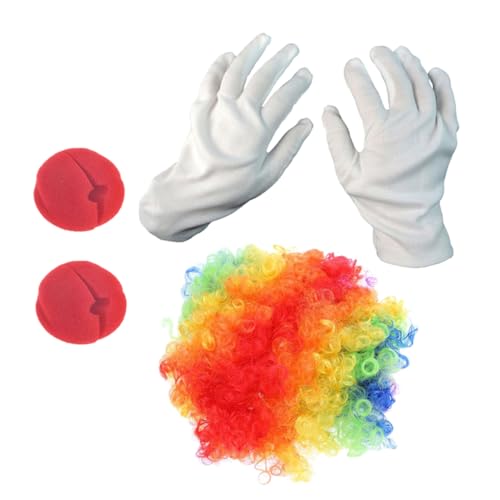 DEARMAMY 2sätze Buntes Clown Kostüm Für Erwachsene Farbige Perücke Schwammnasen Und Weiße Handschuhe Für Halloween Und Mottopartys Für Kostümpartys Und - von DEARMAMY