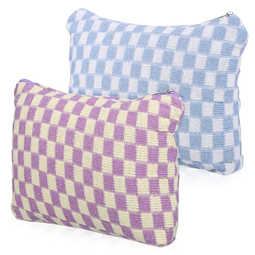 DEARMAMY 2stücke Karierte Schminktasche Aus Wollmaterial Make-up Organizer Mit Großem Fach Tragbar Für Reisen Und Täglichen Gebrauch Praktische Aufbewahrungsmöglichkeit von DEARMAMY