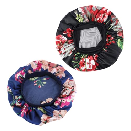 DEARMAMY 2stücke Schlafmütze Aus Satin Mit Breitem Elastischen Band Für Damen Schlafmütze Für Lange Haare Zum Schlafen Waschen Und Schminken Nachtmütze Für Erwachsene Mit Floralen von DEARMAMY