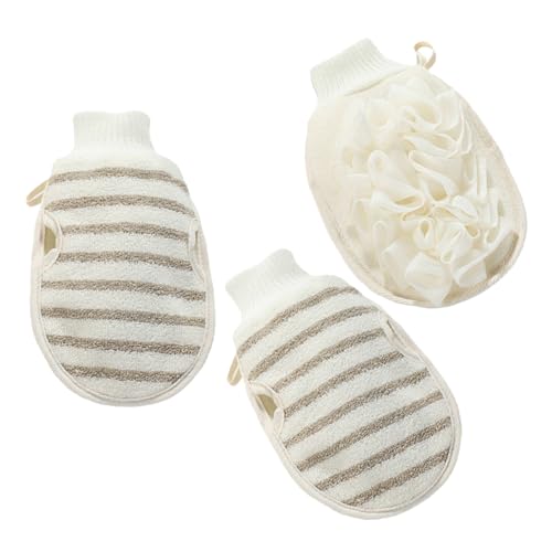 DEARMAMY 3 Stück Badetuch Peelinghandschuhe peeling waschlappen Hautschälhandschuhe Hautpeeling-Handschuh Peelinghandschuh-Set Körperwaschhandschuhe Duschhandschuhe für Damen Flachs Beige von DEARMAMY