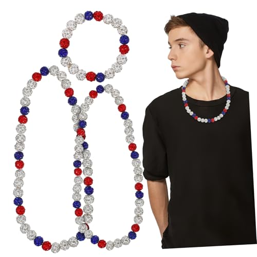DEARMAMY 3 Stück Baseball Halskette für Männer Teiliges Weiß Rot und Blau Vielseitige Längen mit Funkelnden Strasssteinen Perfektes Sportaccessoire für von DEARMAMY
